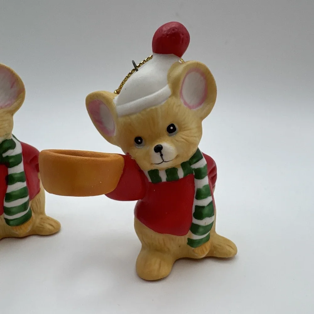 Vtg Christmas‎ Ornaments 70s Porcelain Mouse Light Candle Holder Hugger Set 2